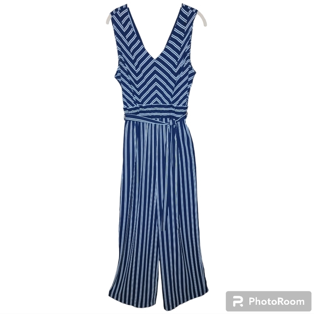 Monteau Navy & White Striped V-Neck Wrap Jumpsuit